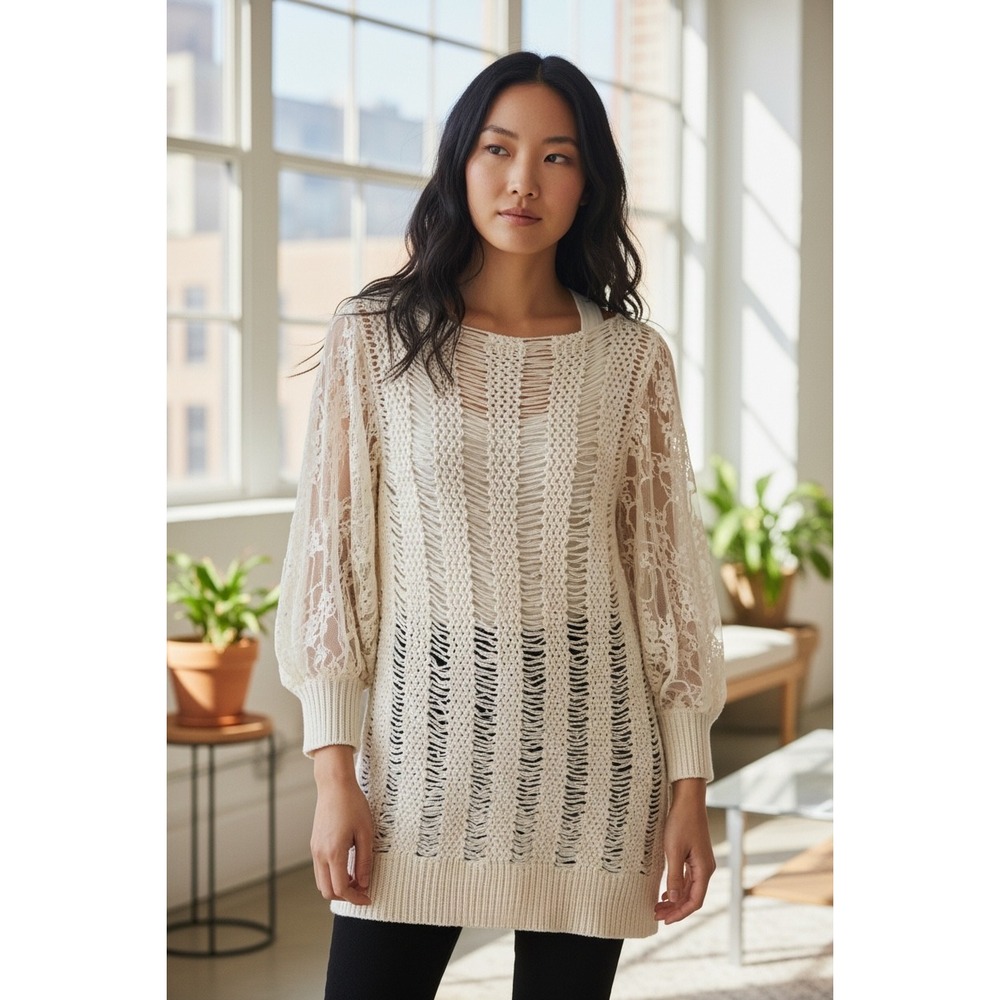 Sioni Sweater Cream Ladder Knit Lace Balloon Sleeve Boho Semi Sheer Romantic M - Picture 1 of 12